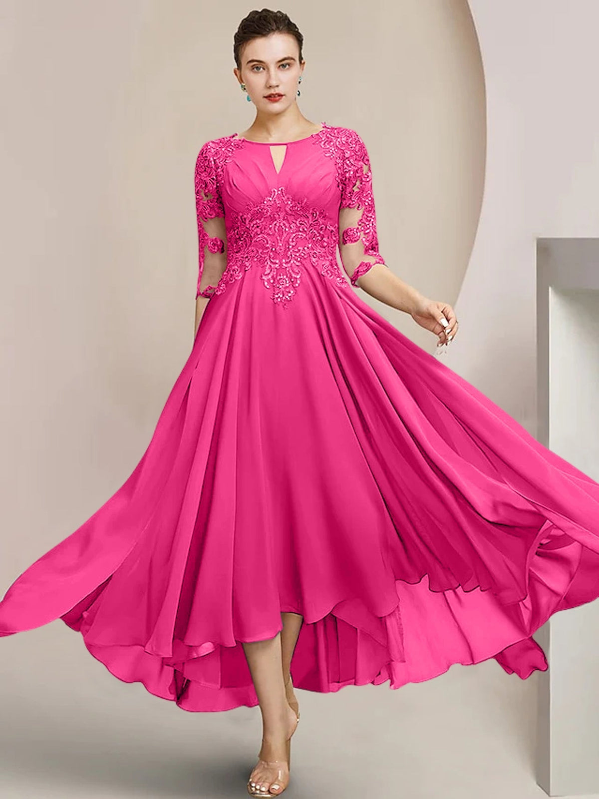 Scoop Neck Tea Length A Line Mother of the Bride Dress