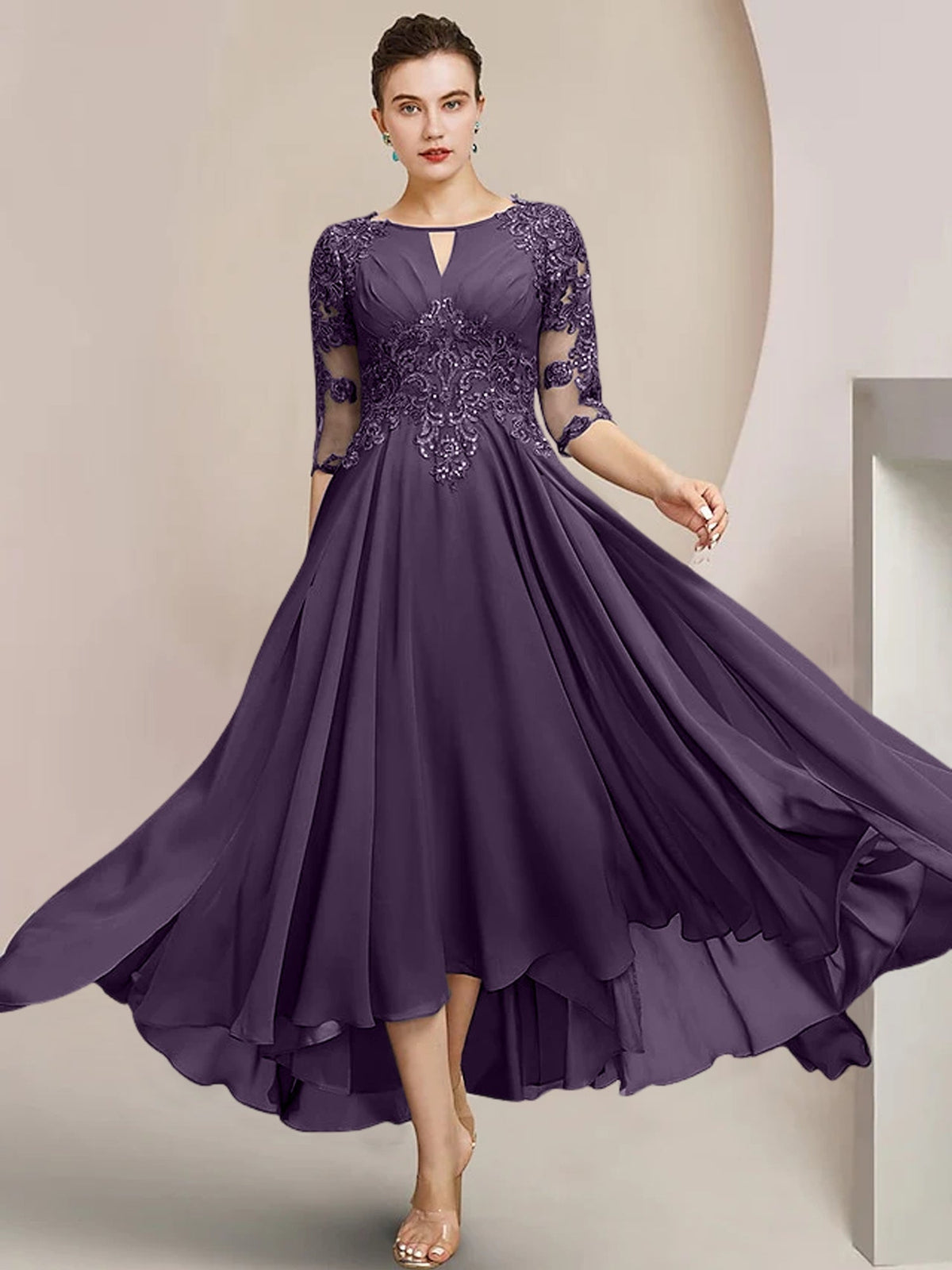 Scoop Neck Tea Length A Line Mother of the Bride Dress