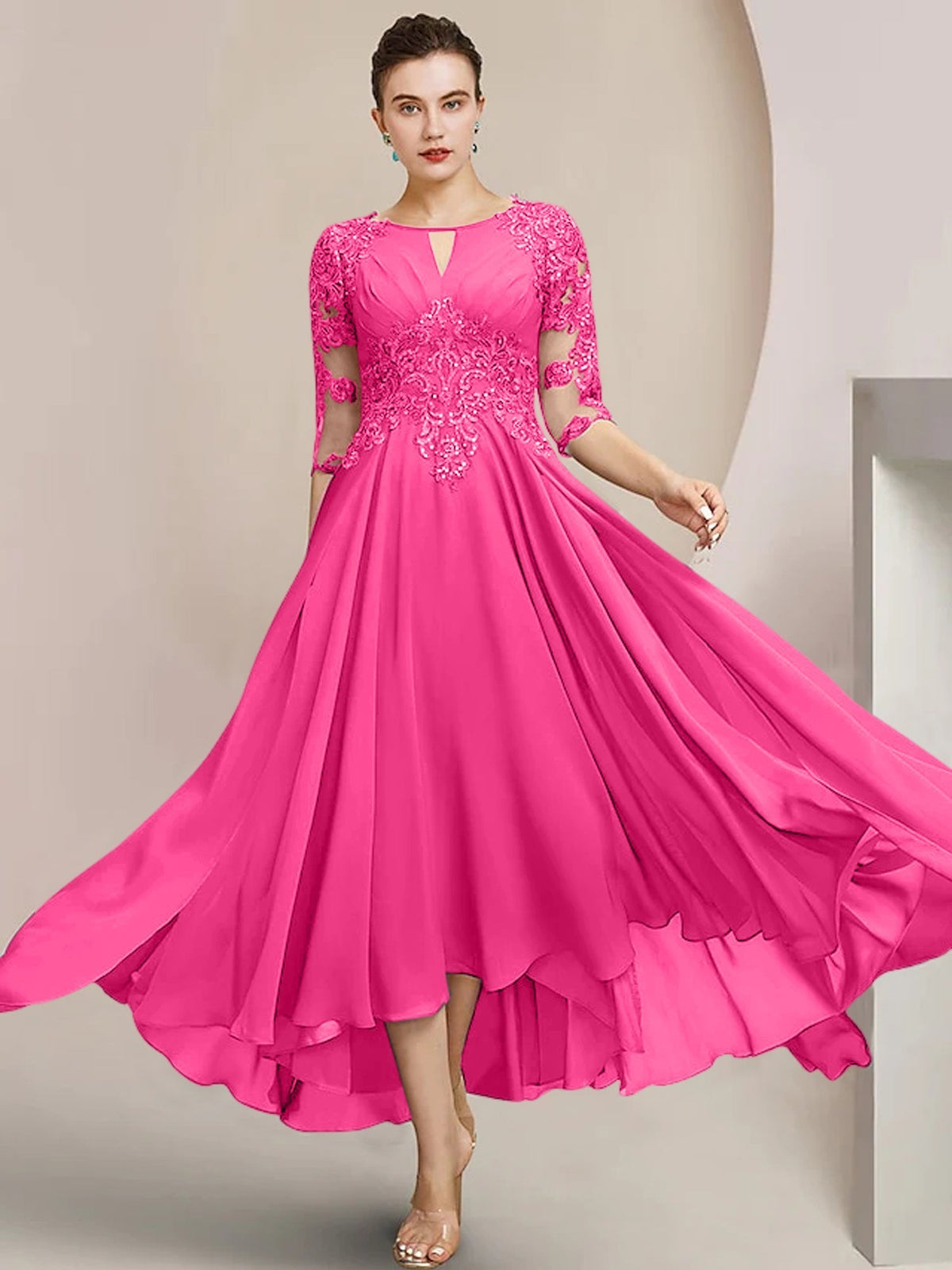 Scoop Neck Tea Length A Line Mother of the Bride Dress