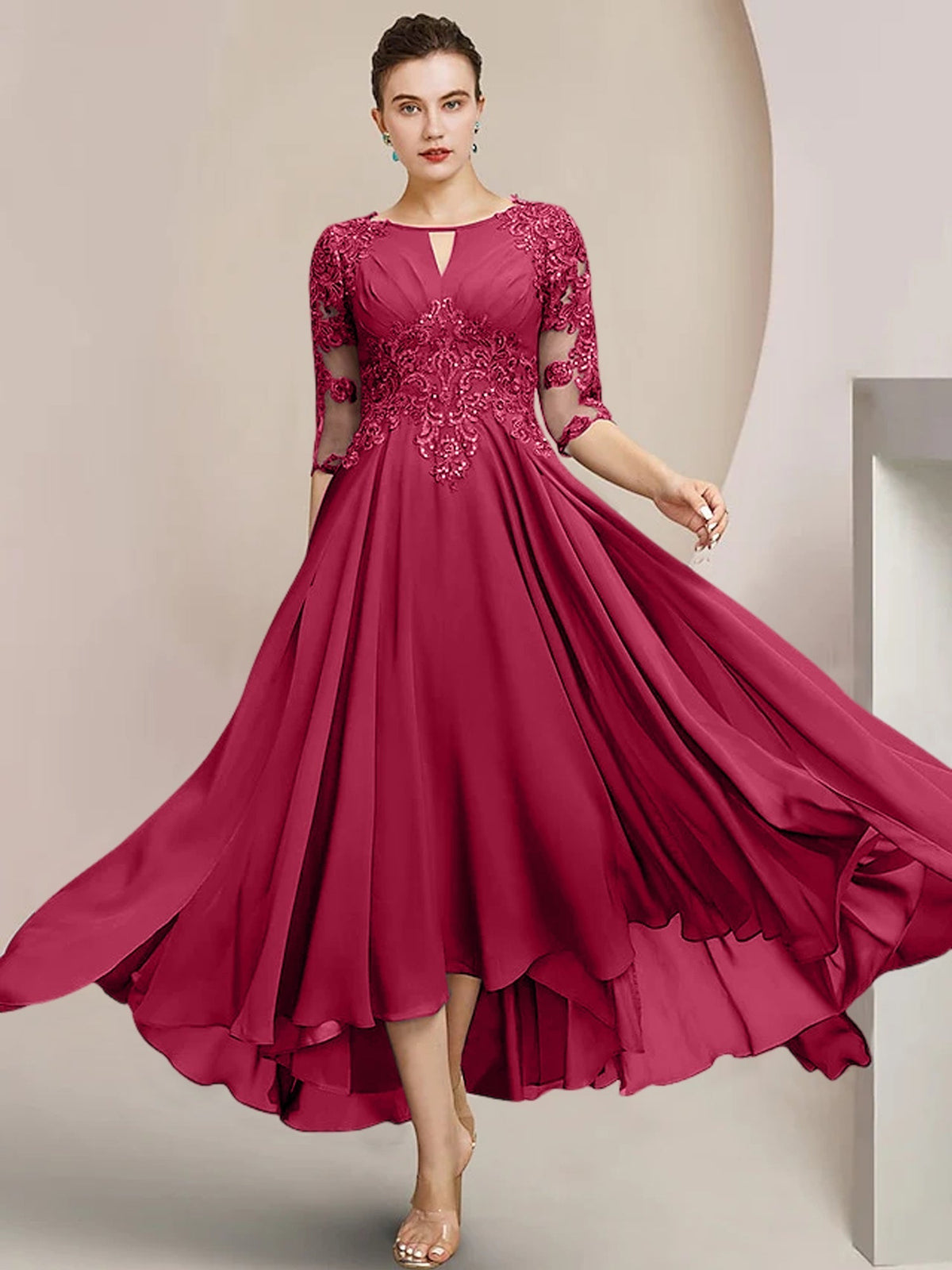 Scoop Neck Tea Length A Line Mother of the Bride Dress