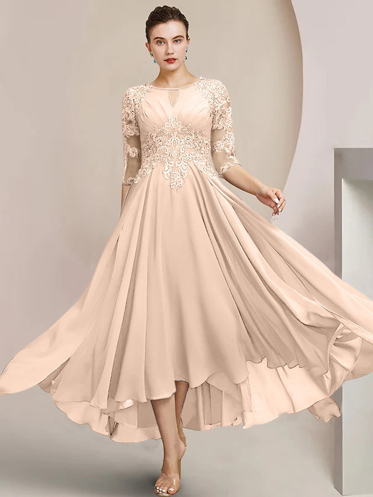 Scoop Neck Tea Length A Line Mother of the Bride Dress