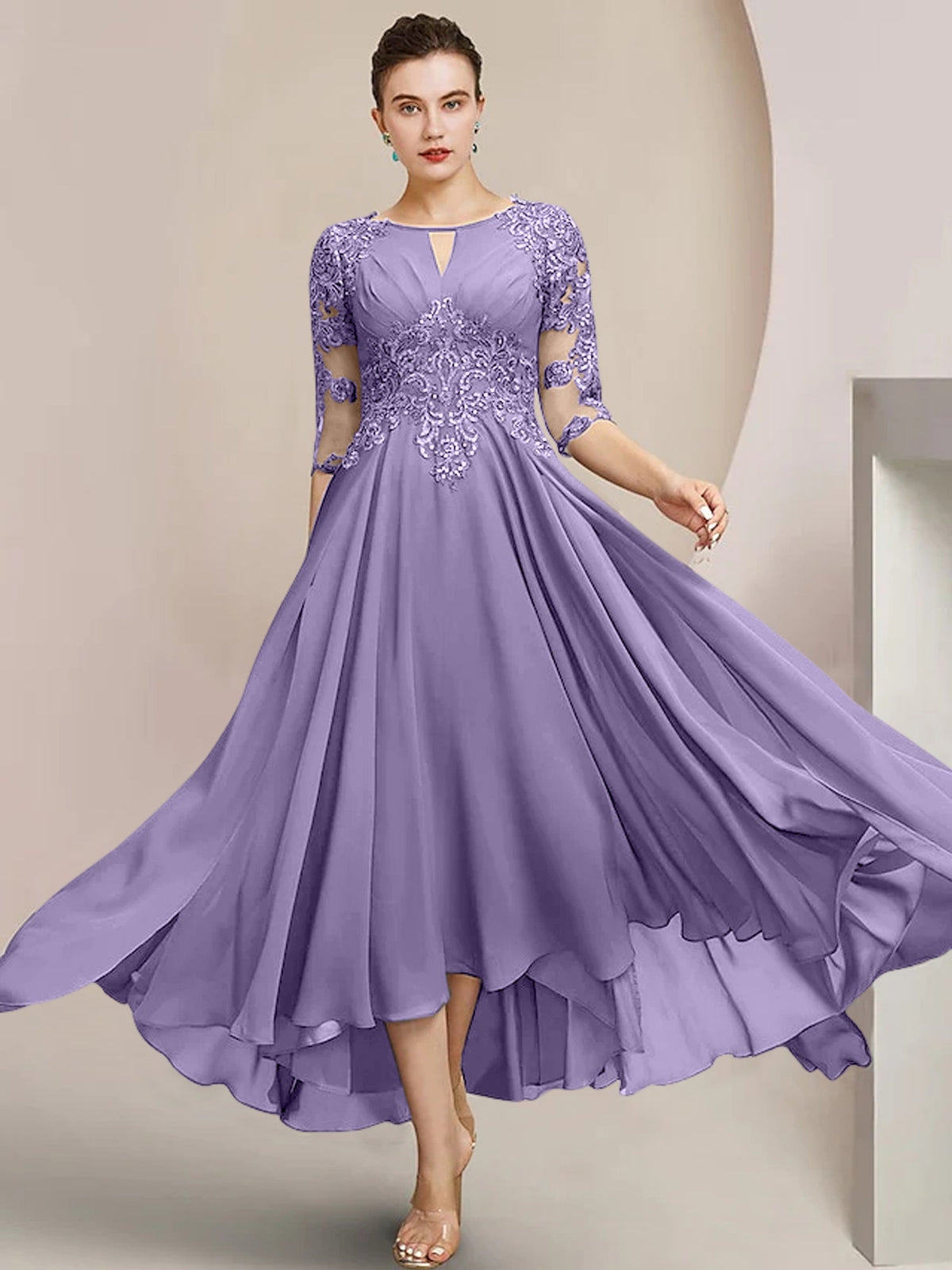 Scoop Neck Tea Length A Line Mother of the Bride Dress