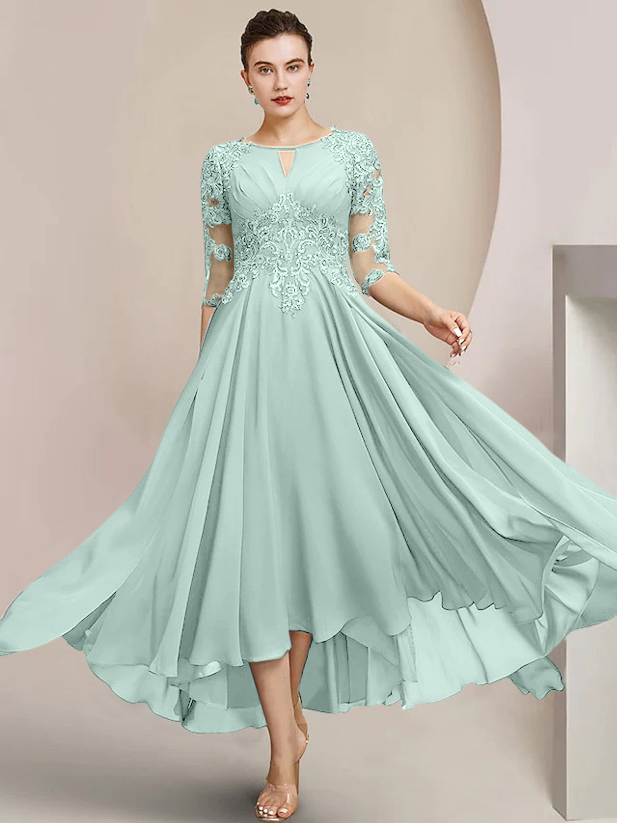 Scoop Neck Tea Length A Line Mother of the Bride Dress