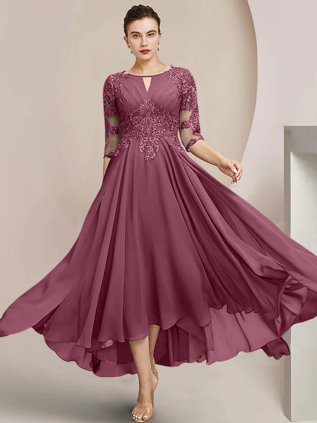 Scoop Neck Tea Length A Line Mother of the Bride Dress