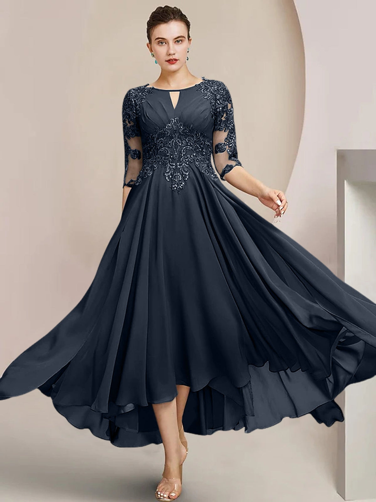 Scoop Neck Tea Length A Line Mother of the Bride Dress