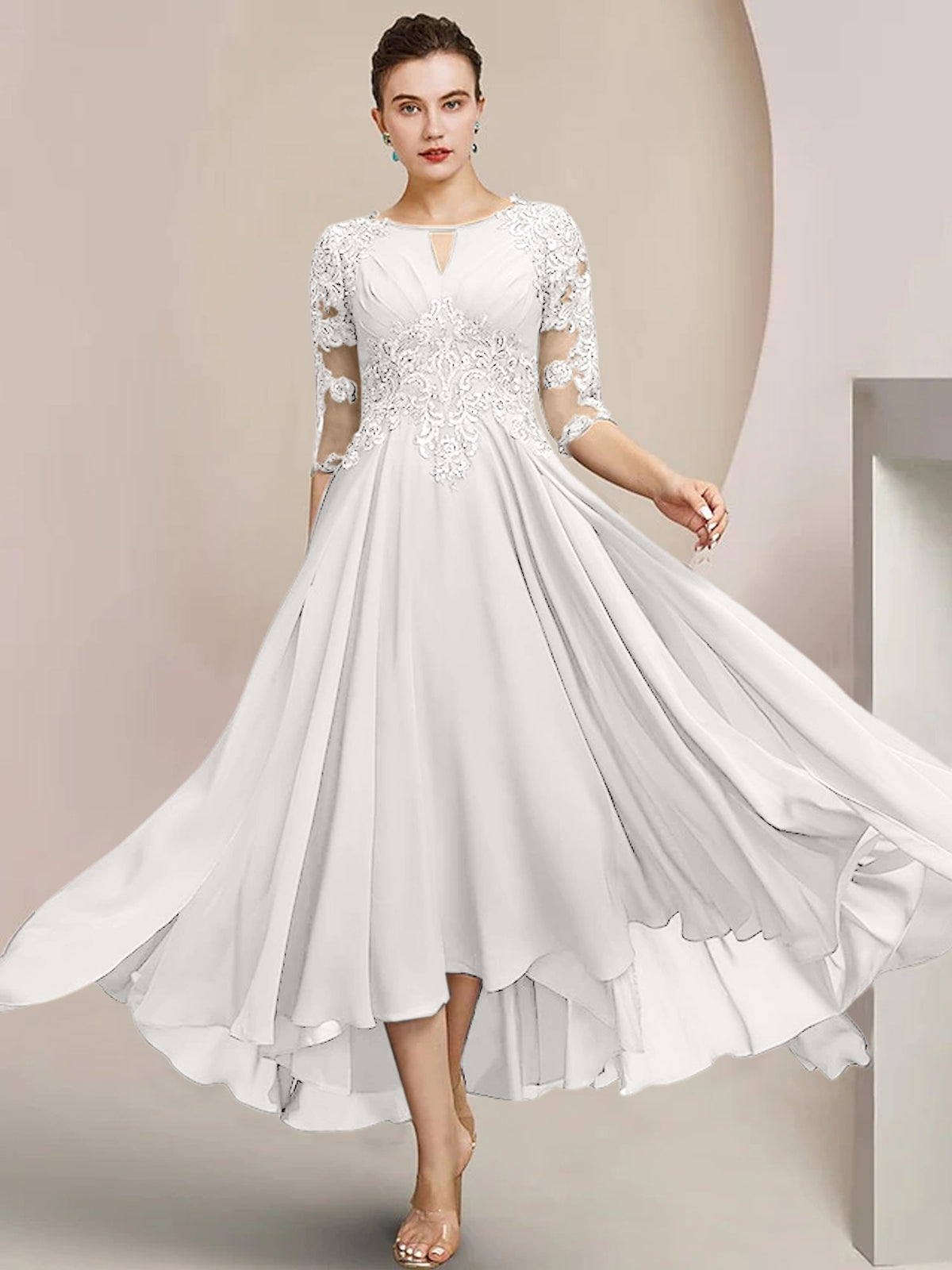 Scoop Neck Tea Length A Line Mother of the Bride Dress