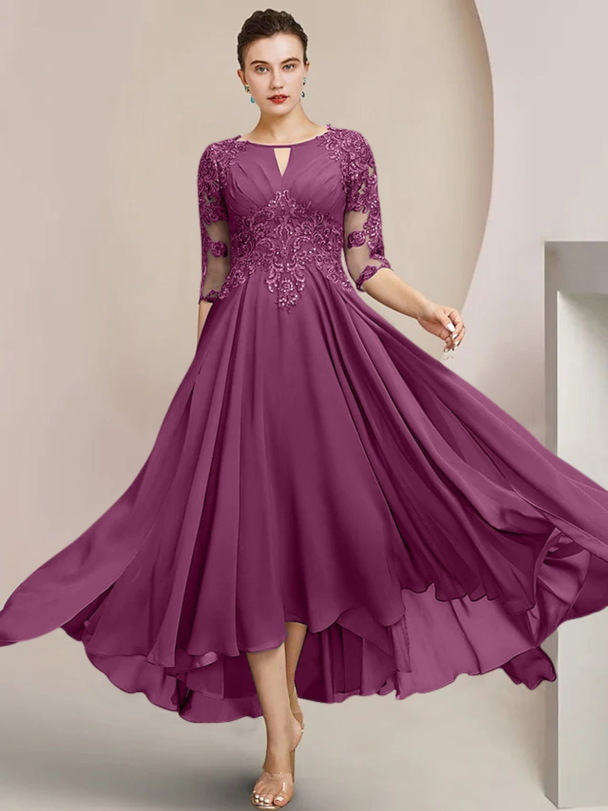 Scoop Neck Tea Length A Line Mother of the Bride Dress