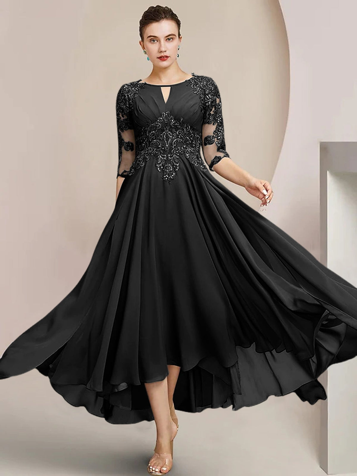 Scoop Neck Tea Length A Line Mother of the Bride Dress