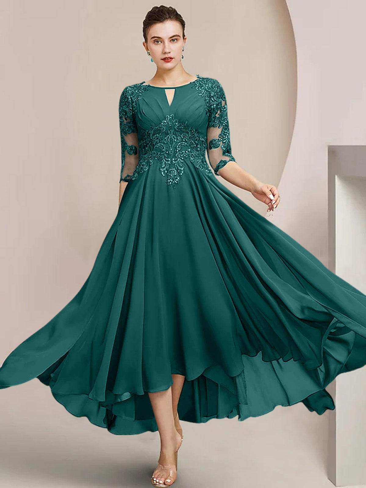 Scoop Neck Tea Length A Line Mother of the Bride Dress