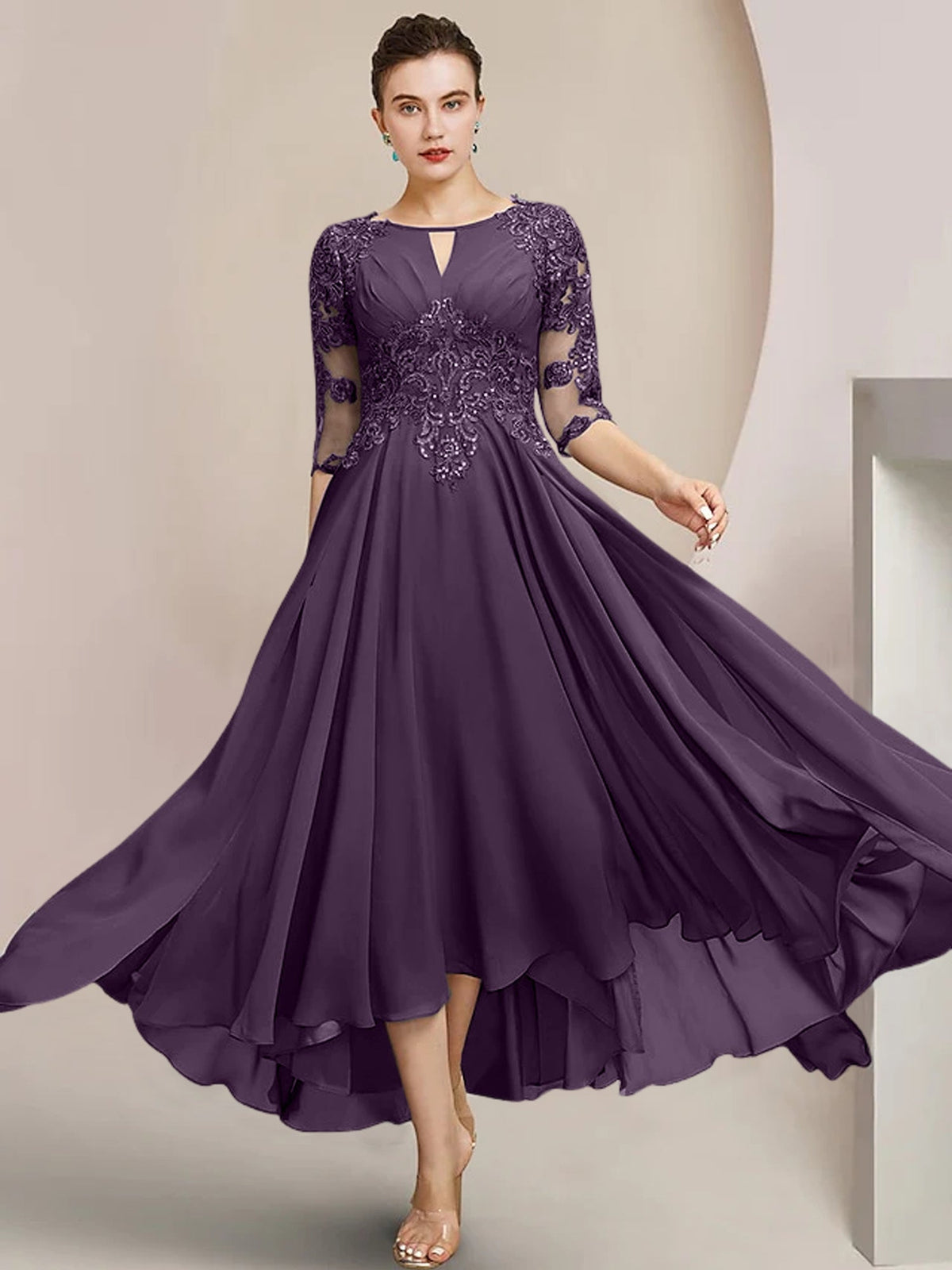 Scoop Neck Tea Length A Line Mother of the Bride Dress
