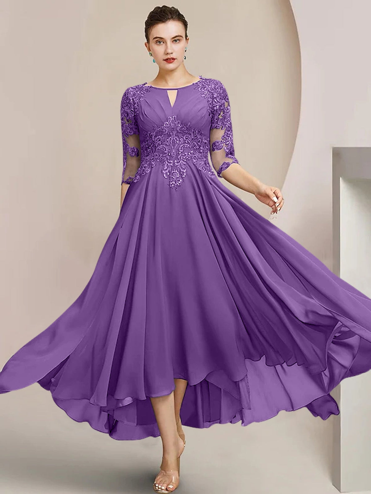 Scoop Neck Tea Length A Line Mother of the Bride Dress