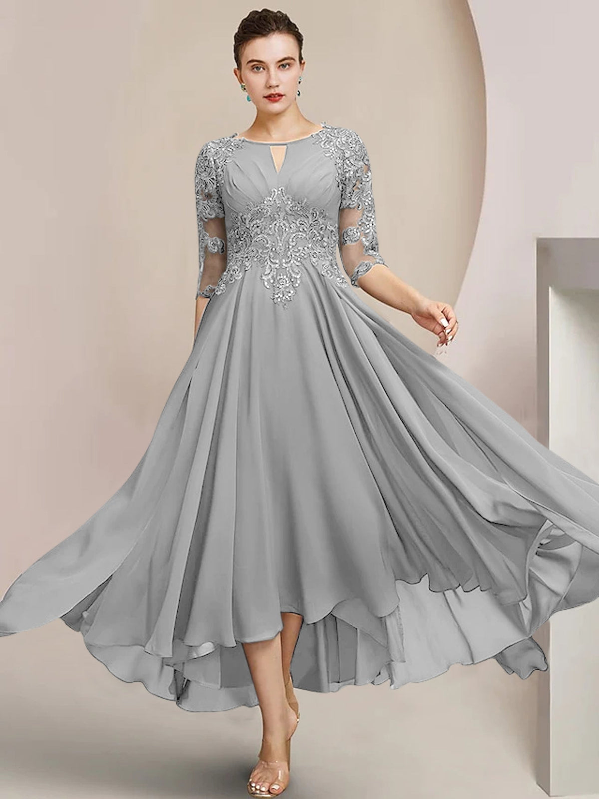 Scoop Neck Tea Length A Line Mother of the Bride Dress