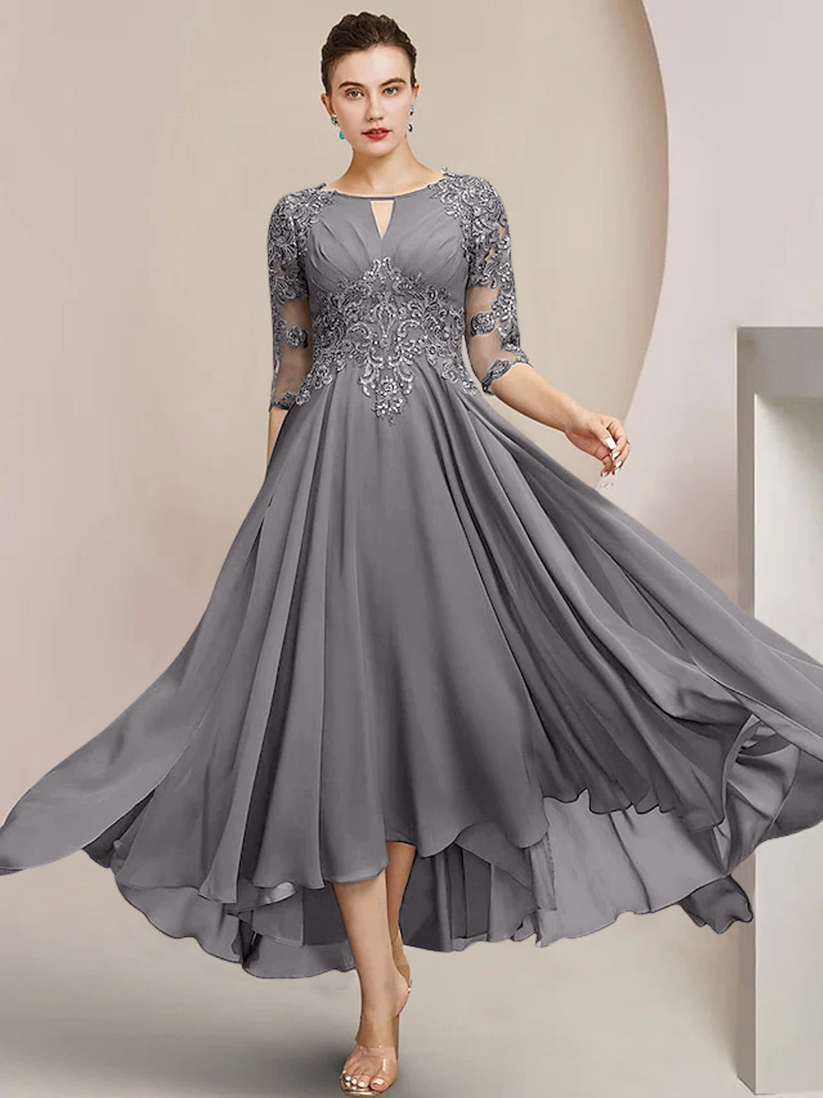 Scoop Neck Tea Length A Line Mother of the Bride Dress