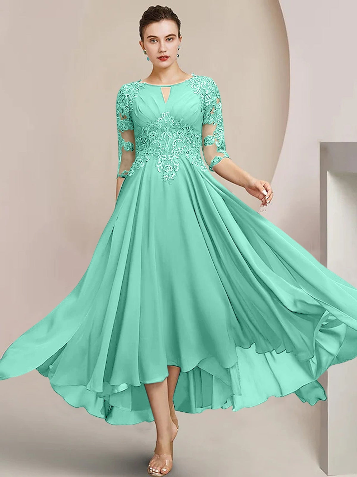 Scoop Neck Tea Length A Line Mother of the Bride Dress