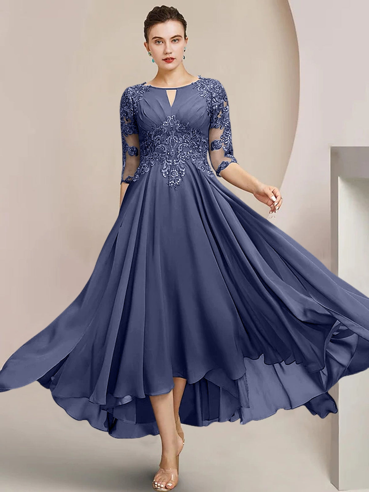 Scoop Neck Tea Length A Line Mother of the Bride Dress