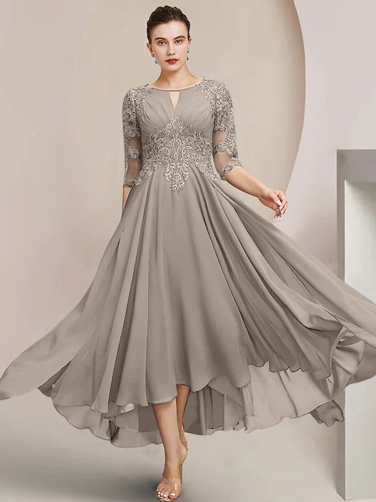Scoop Neck Tea Length A Line Mother of the Bride Dress