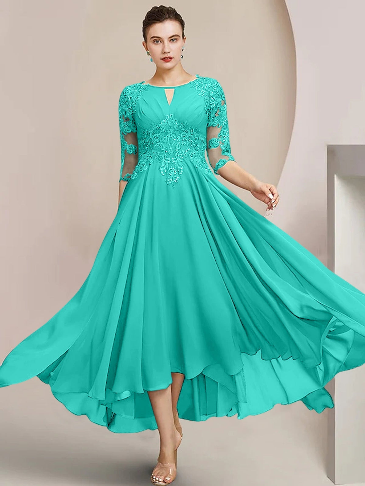 Scoop Neck Tea Length A Line Mother of the Bride Dress