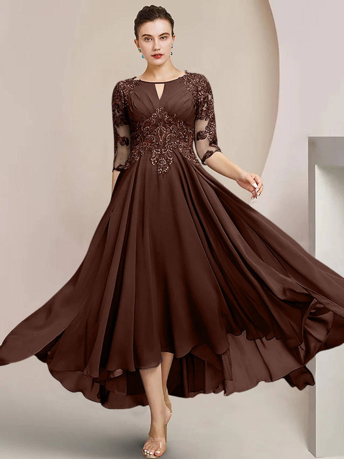 Scoop Neck Tea Length A Line Mother of the Bride Dress