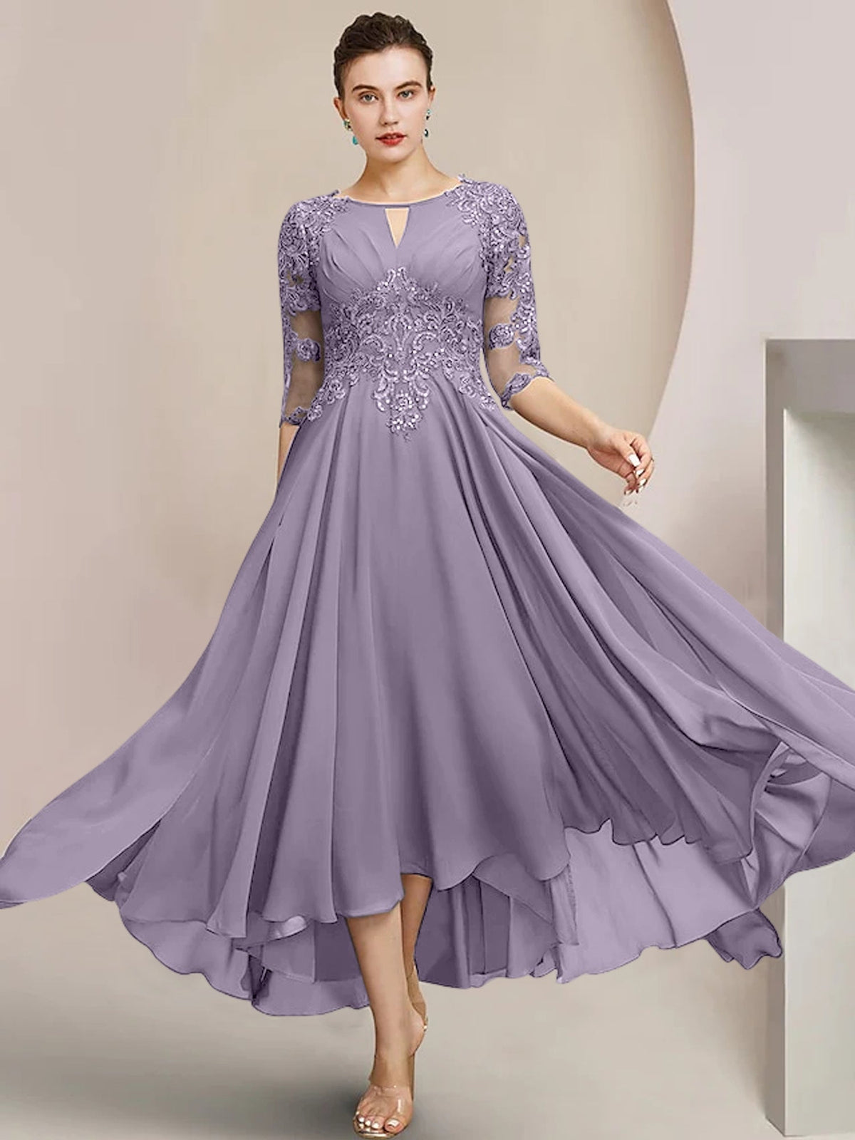 Scoop Neck Tea Length A Line Mother of the Bride Dress