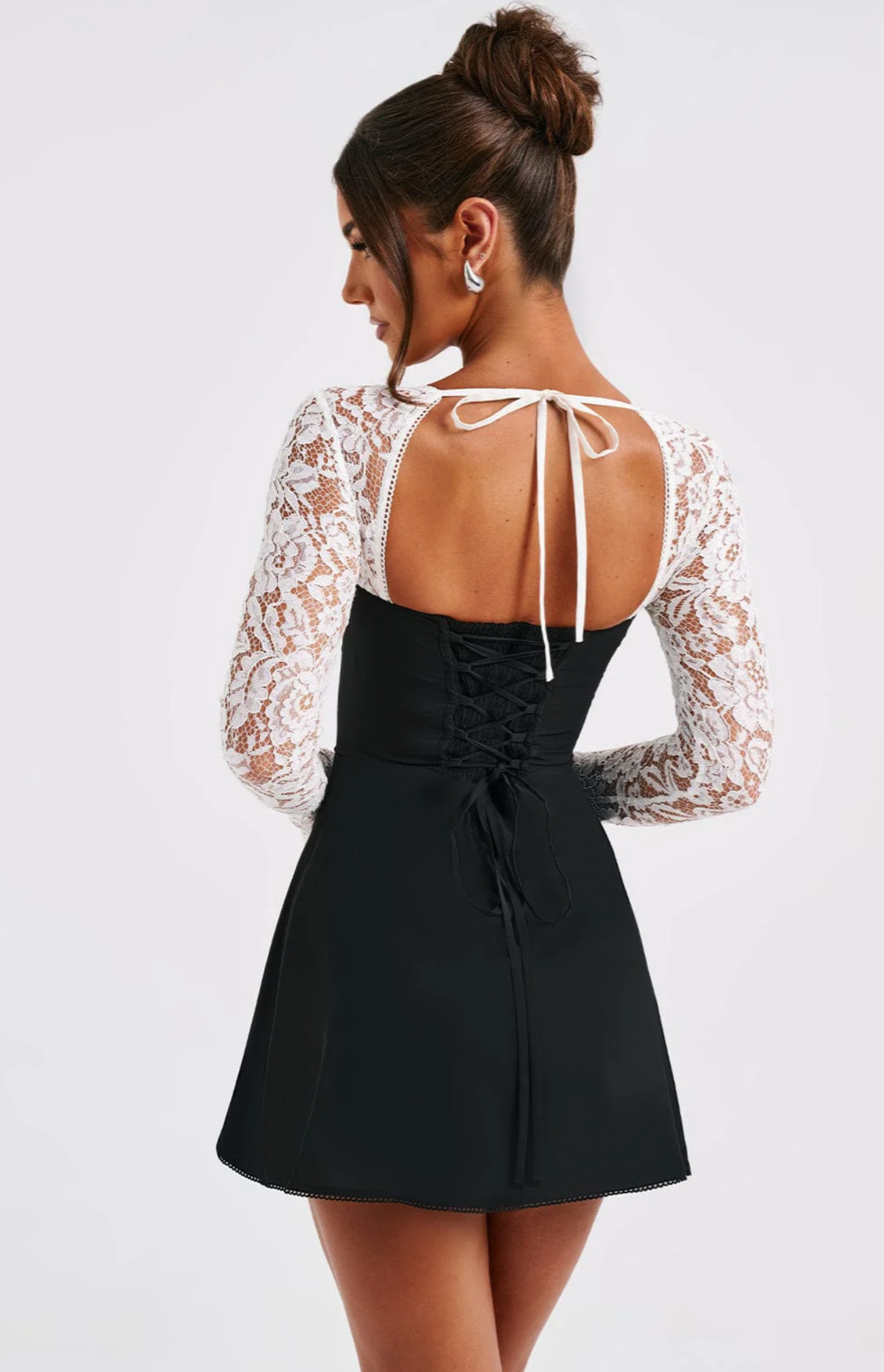 Anina - Tie - Up Lace Sleeves Mini Dress