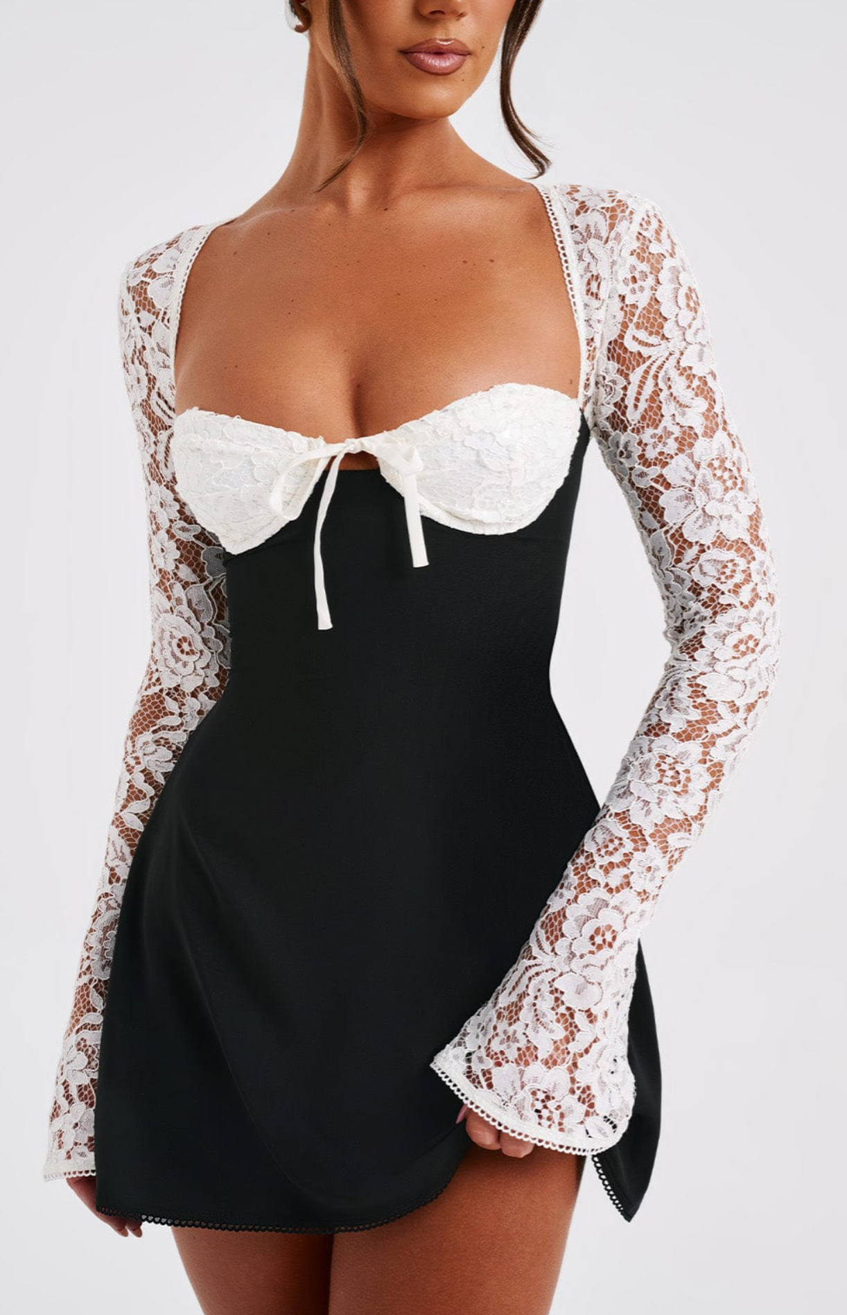 Anina - Tie - Up Lace Sleeves Mini Dress