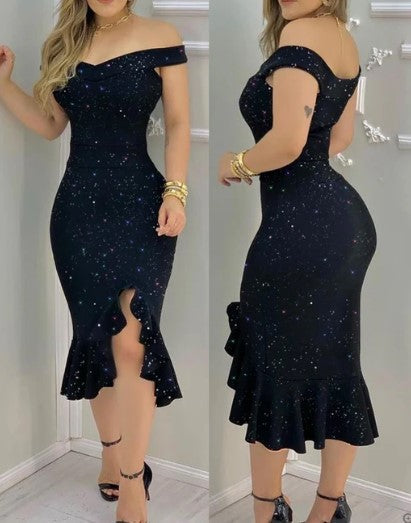 Anisa Elevated Shiny Off Shoulder Cocktail Dress Occasion Wear