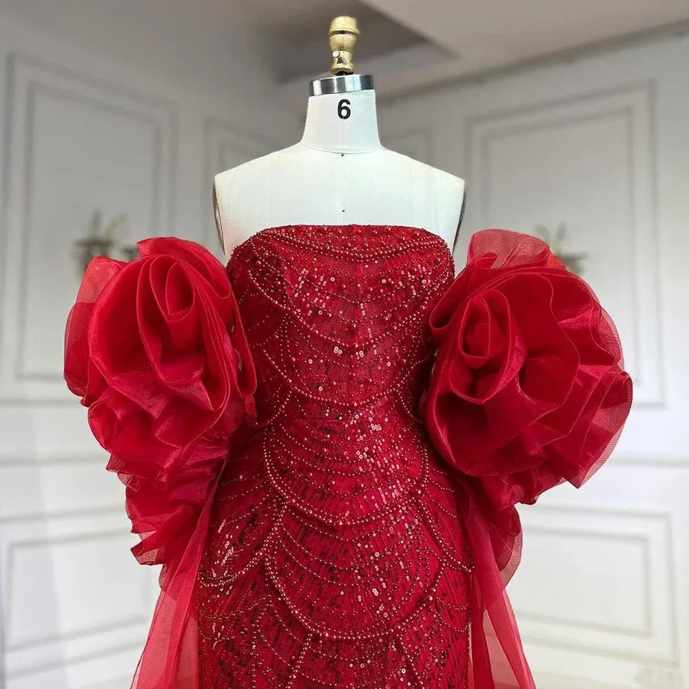 Zapdress Red Strapless Mermaid Pearls Beaded Evening Dress with Cape Wedding Party Gowns for Women DLA72585 Customized (ZD17266)