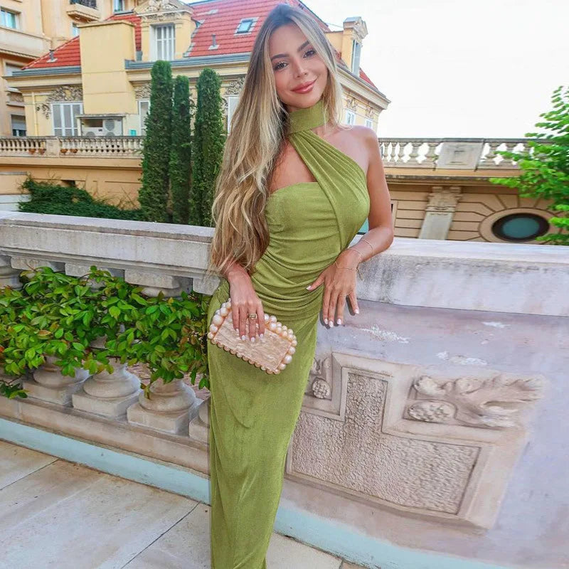 Halter Green Off - shoulder Backless Long Dress