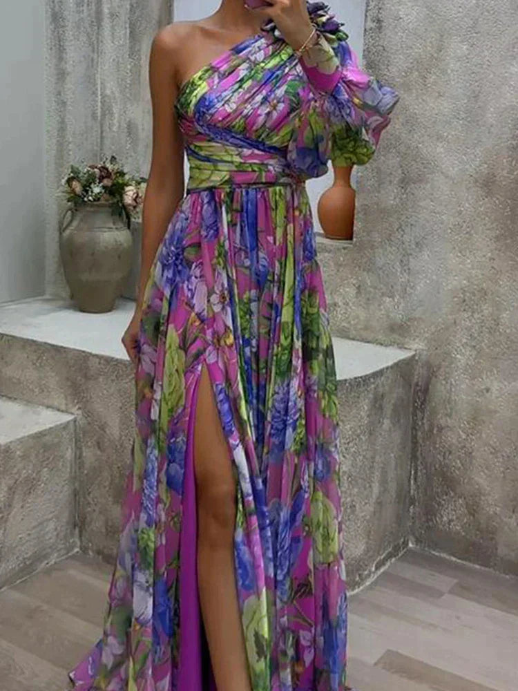 Ida Boutique Long Dress with Side Slit and Purple Print Chic Silhouette Collection