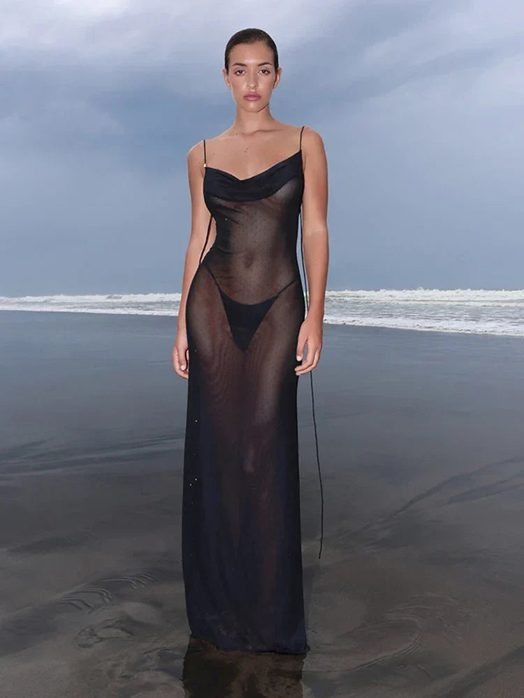 Sheer Mesh Swing Neck Midi Dress - VelvetHem