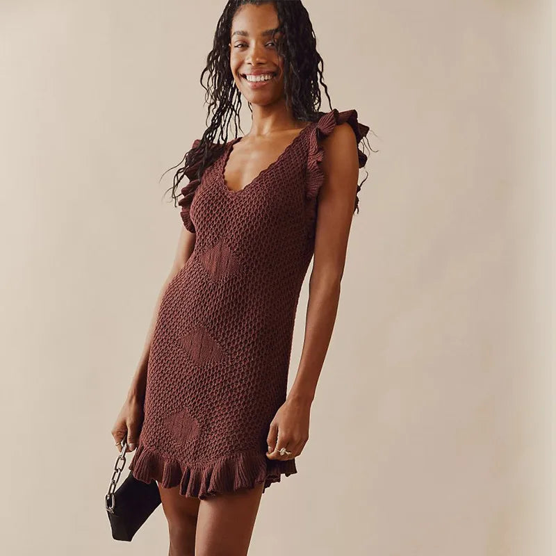 Ruffled Crochet Hollow Out Knit Beach Mini Dress