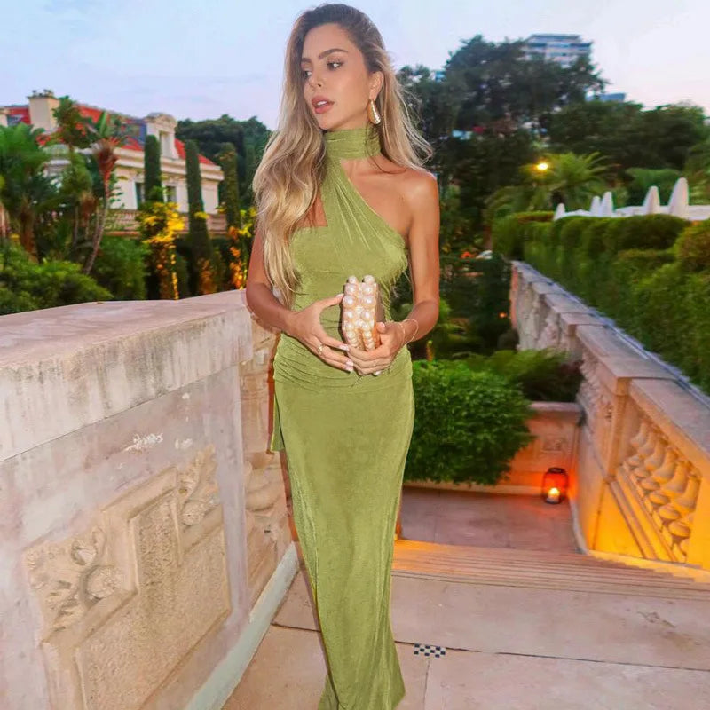 Halter Green Off - shoulder Backless Long Dress