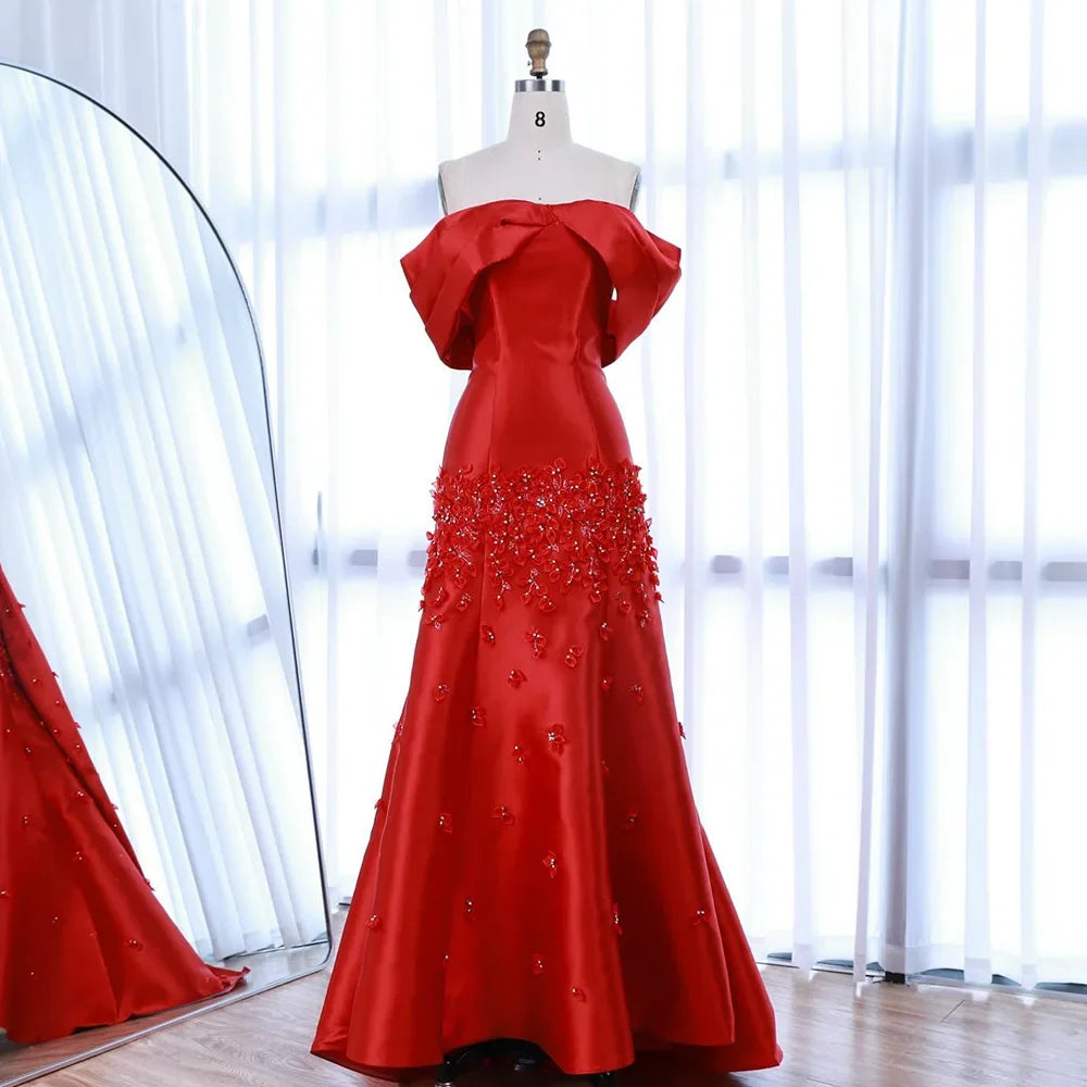 Zapdress Customized Elegant Red Off-Shoulder Evening Gowns with Floral Satin Arabic Party Prom Dress for Women (ZD17365)