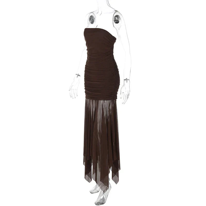 Brown Off - shoulder Strapless Long Dress