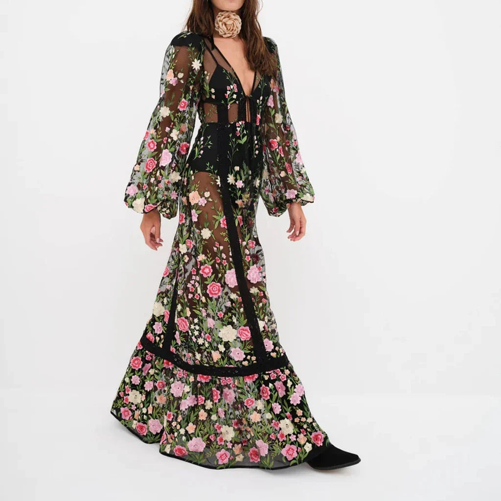 Sheer Lace Embroidery Floral Dress