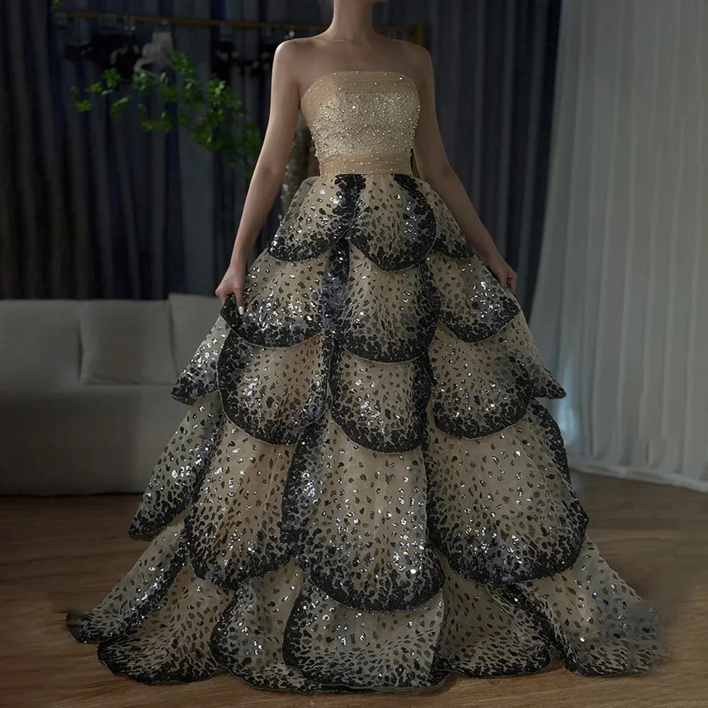 Zapdress Customized 2025 Black Nude Strapless Evening Prom Dresses Sequined Tiered A-line Party Gowns for Women DLA72505A (ZD17188)