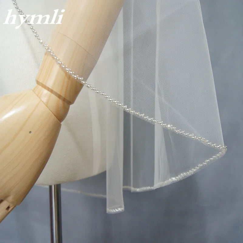 Handmade 1-Layer Beaded Veil in White , Off-White , Champagne with Metal Comb Bridal Headwear - View 3 | VelvetHem