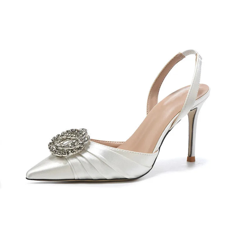 Luxury Rhinestones Satin Pleated Women Pumps Elegant Pointed toe Thin High heels Spring Summer Female Slingbacks Party Shoes 9cm White