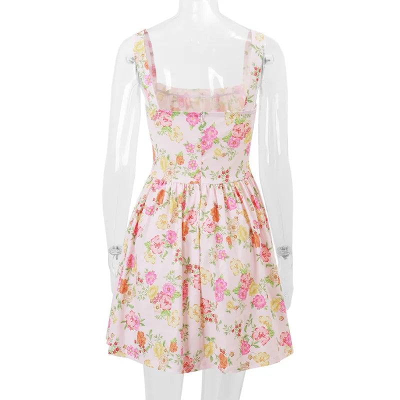 Flower Printed Open Back A - line Corset Mini Dress