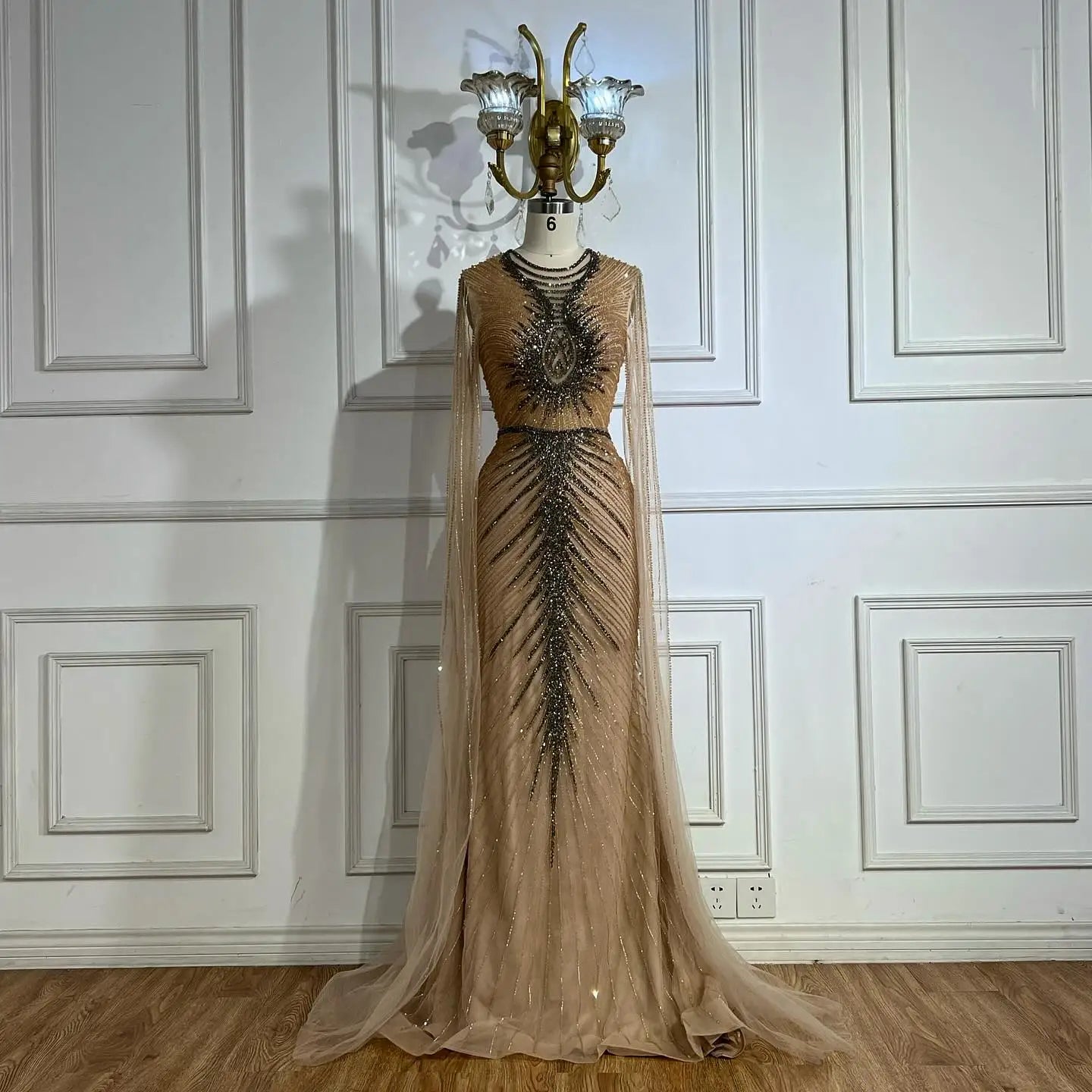 Zapdress Luxury Beaded Mermaid Evening Dresses with Cape Sleeves Caramel Formal Party Gown for Women Customized (ZD17180)