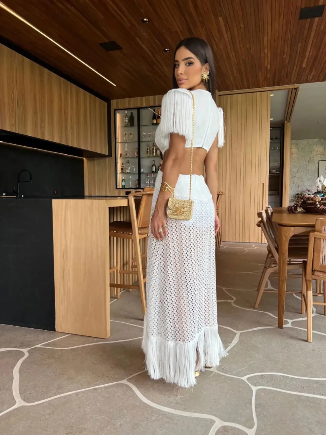 Deep V - Neck Tassel Long Party Dress