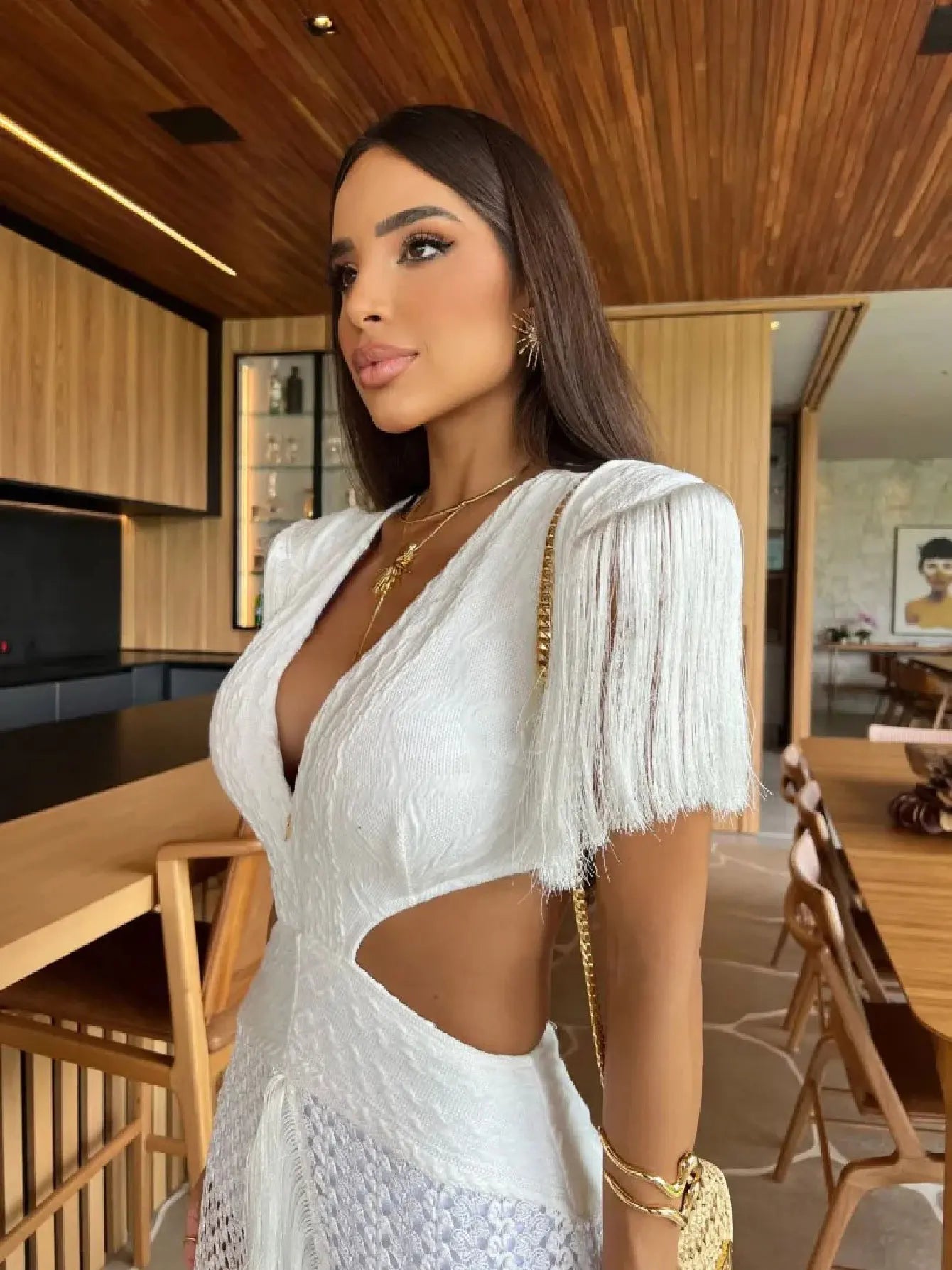 Deep V - Neck Tassel Long Party Dress