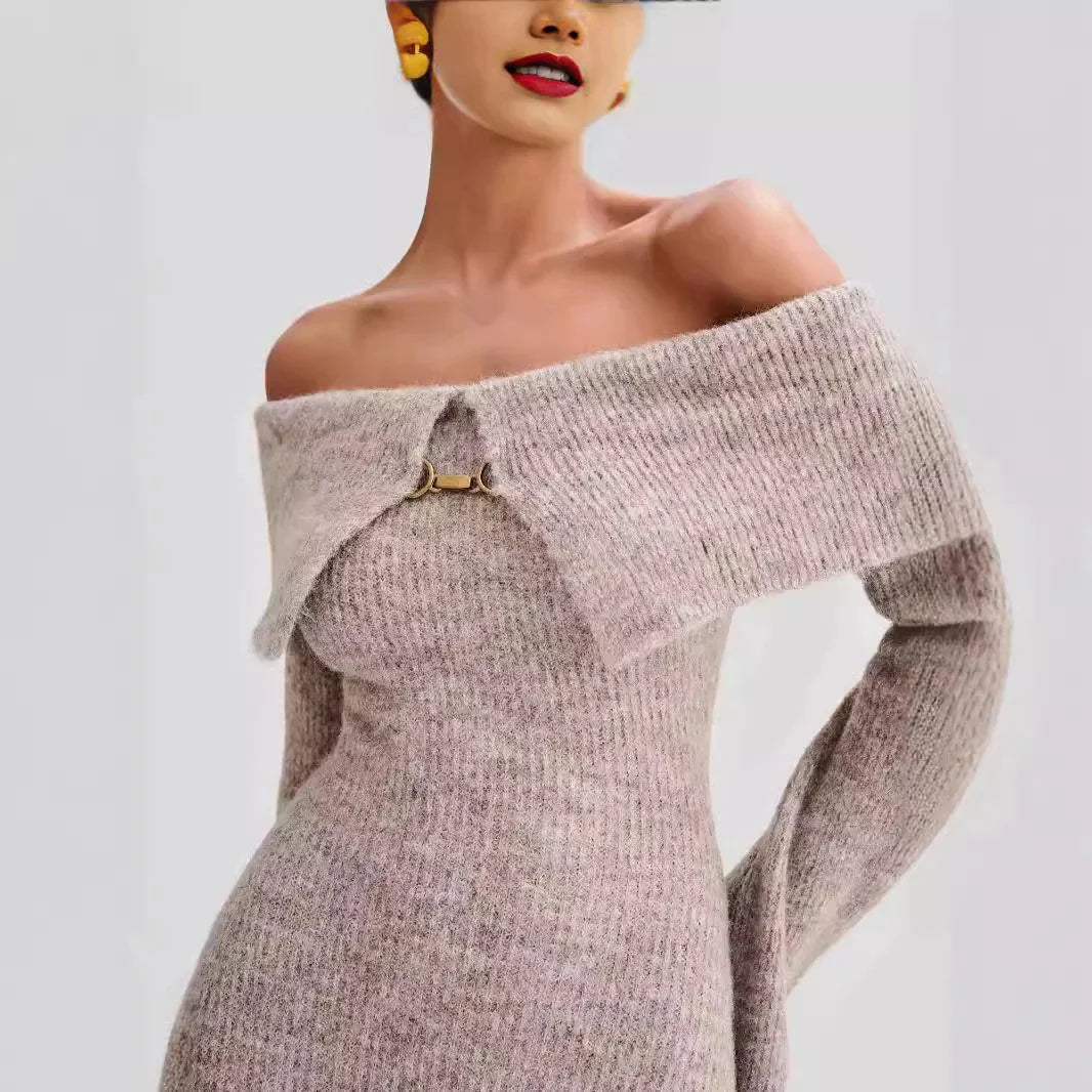 Fluffy Solid Knitted Off Shoulder Midi Dress