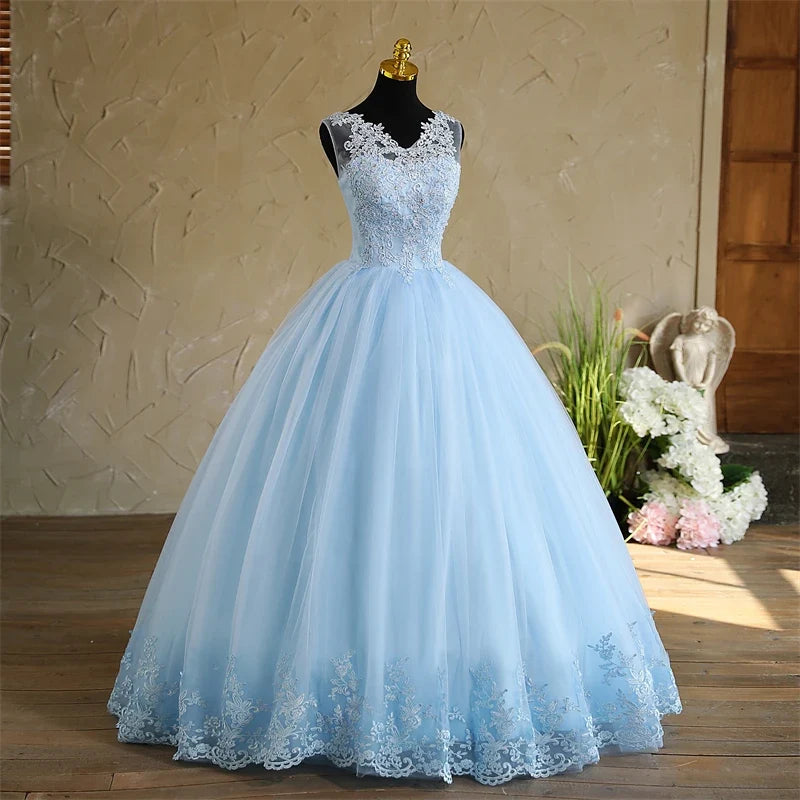 Spring New Sky Blue Quinceanera Dresses Sleeveless V-neck For Party Sweet Ball Gown Lace Appliques Prom Dress Customize Vestido (ZD17290)