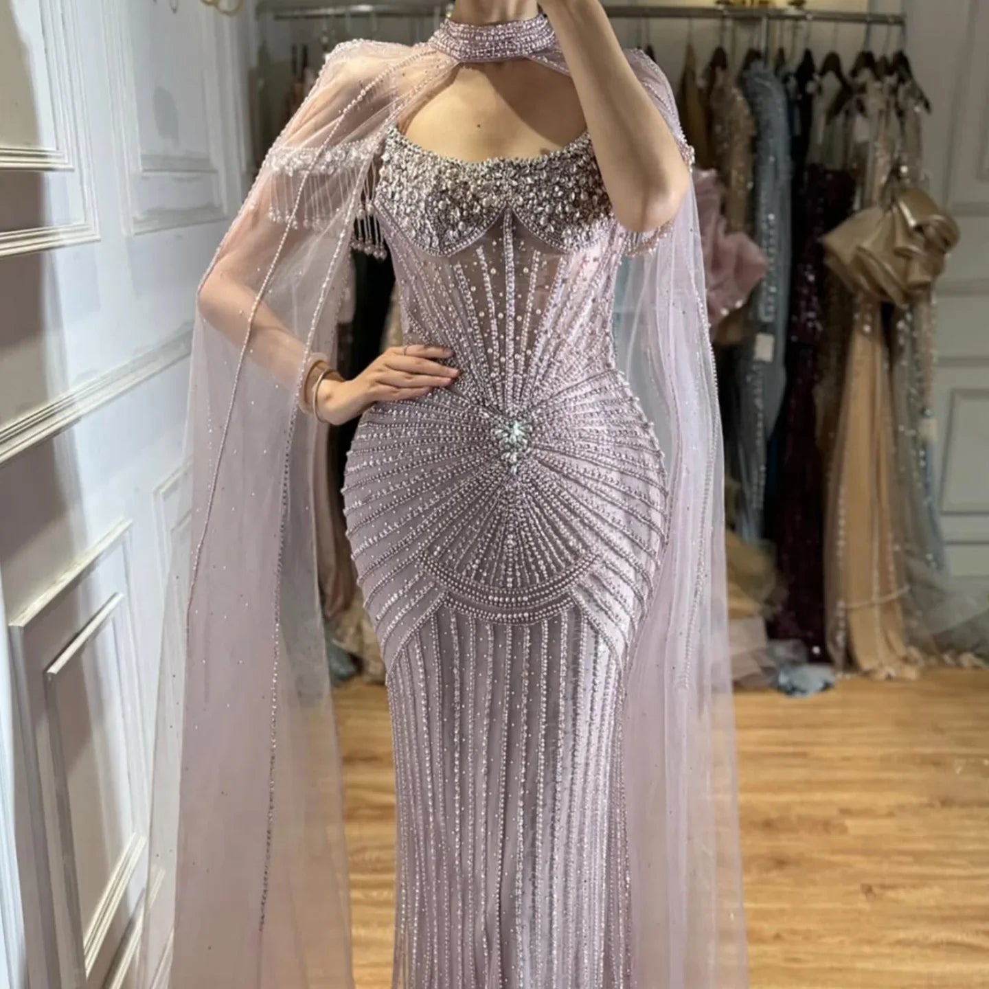 Zapdress 2026 Pearl Beaded Mermaid Caramel Evening Dresses Elegant Formal Party Gown with Sheer Cape Customized DLA73148C (ZD17292)