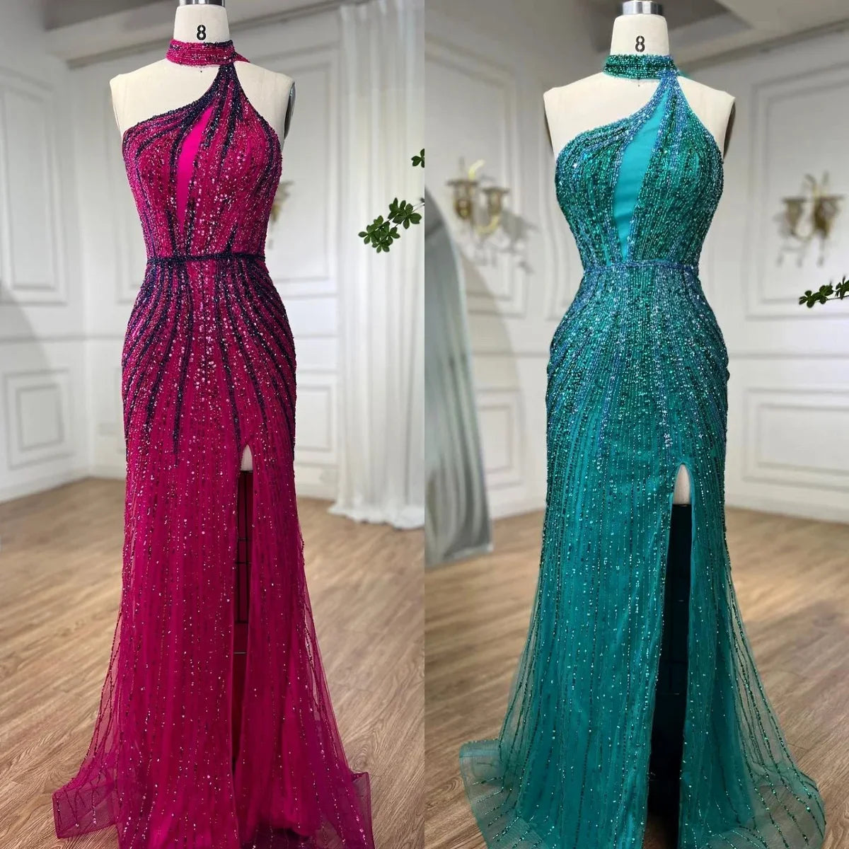 Zapdress Green Halter Sleeveless Beaded Mermaid High Split Evening Dresses Party Gowns for Women DLA72092 Customized (ZD17217)
