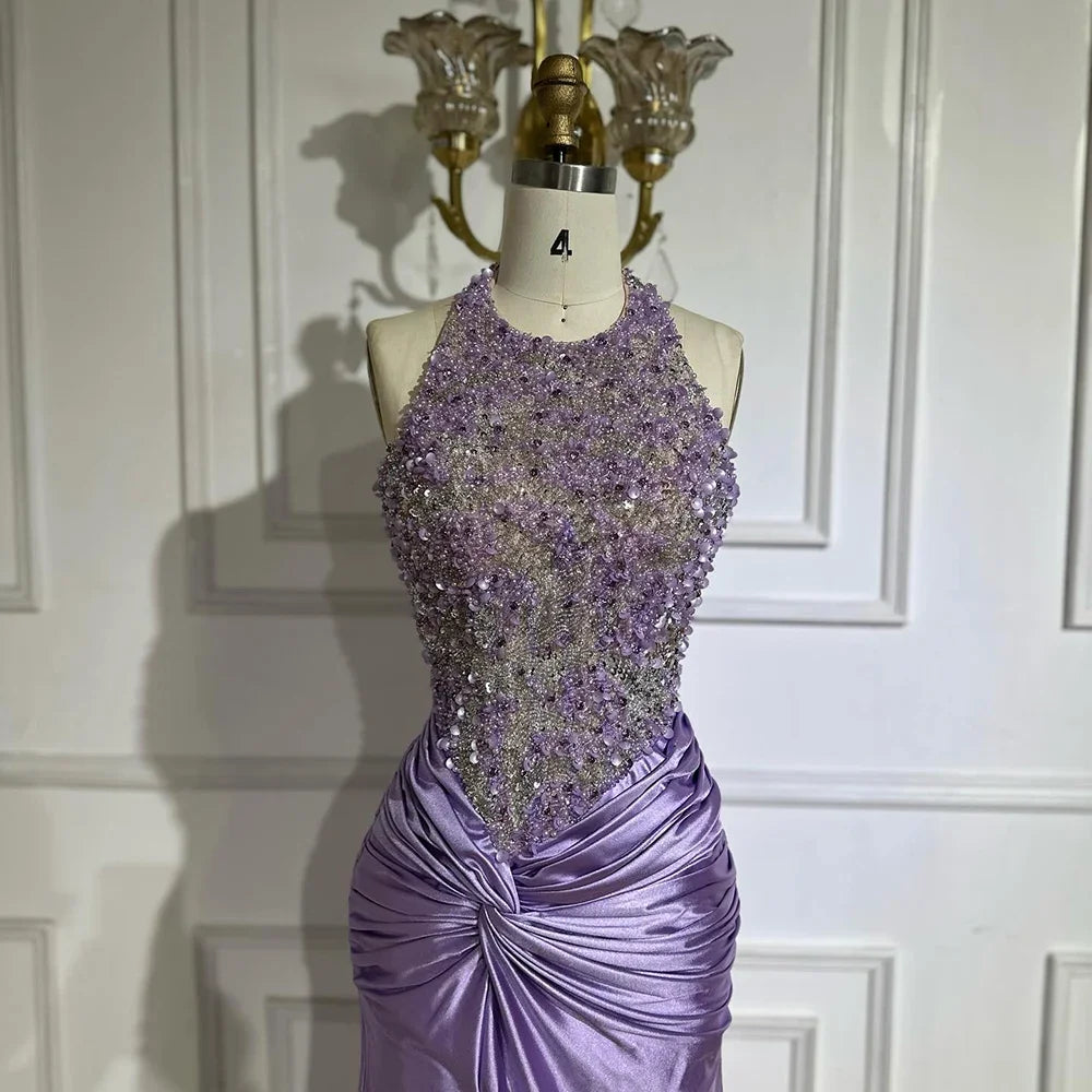 Zapdress Customized 2025 Lilac Halter Side Slit Mermaid Evening Gown Wedding Party Bridesmaid Dress for Women (ZD17315)