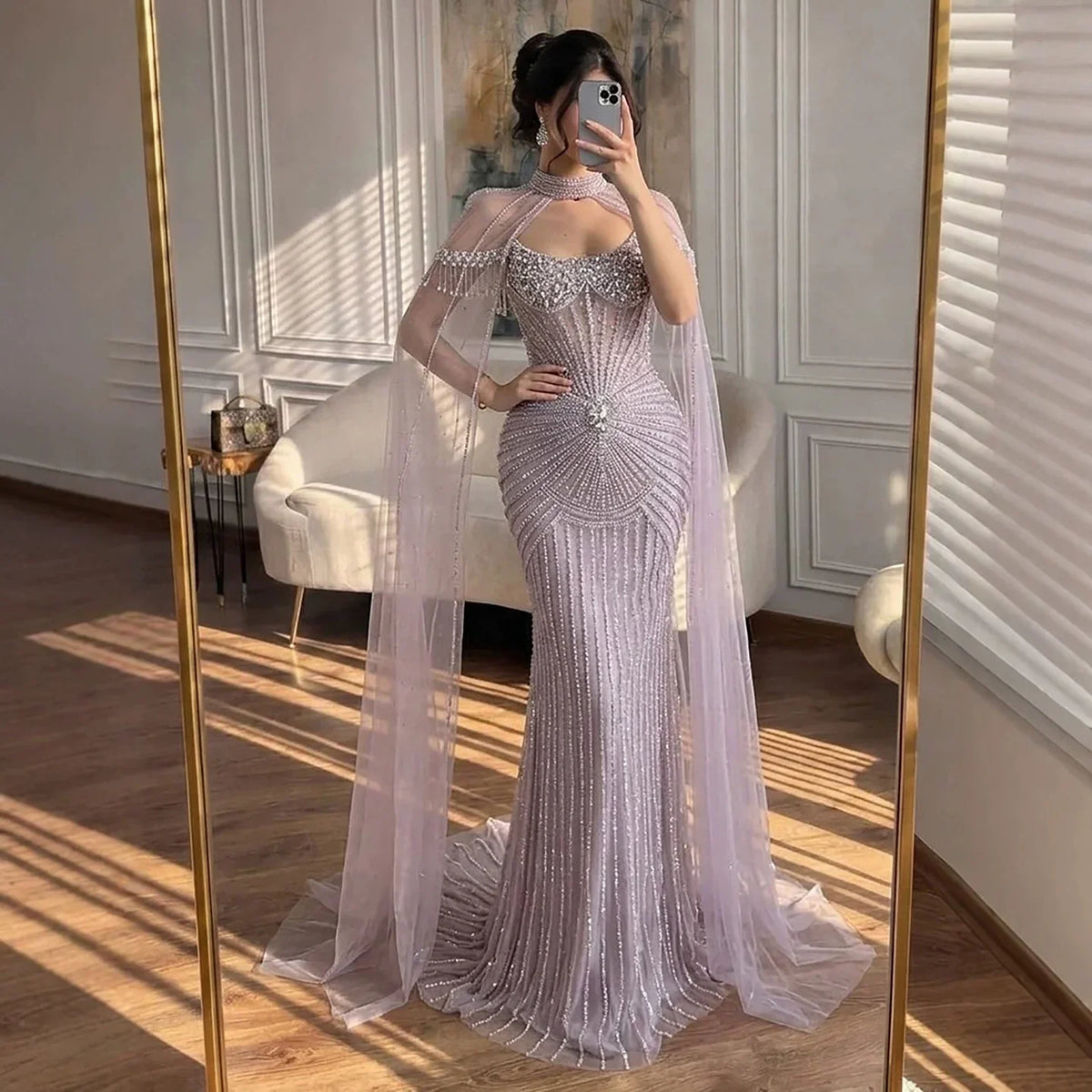 Zapdress 2026 Pearl Beaded Mermaid Caramel Evening Dresses Elegant Formal Party Gown with Sheer Cape Customized DLA73148C (ZD17292)