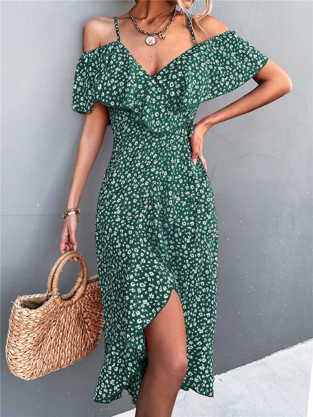 Olga Minimalist Dress Flowers and Off Shoulder Elevated Occasion Wear