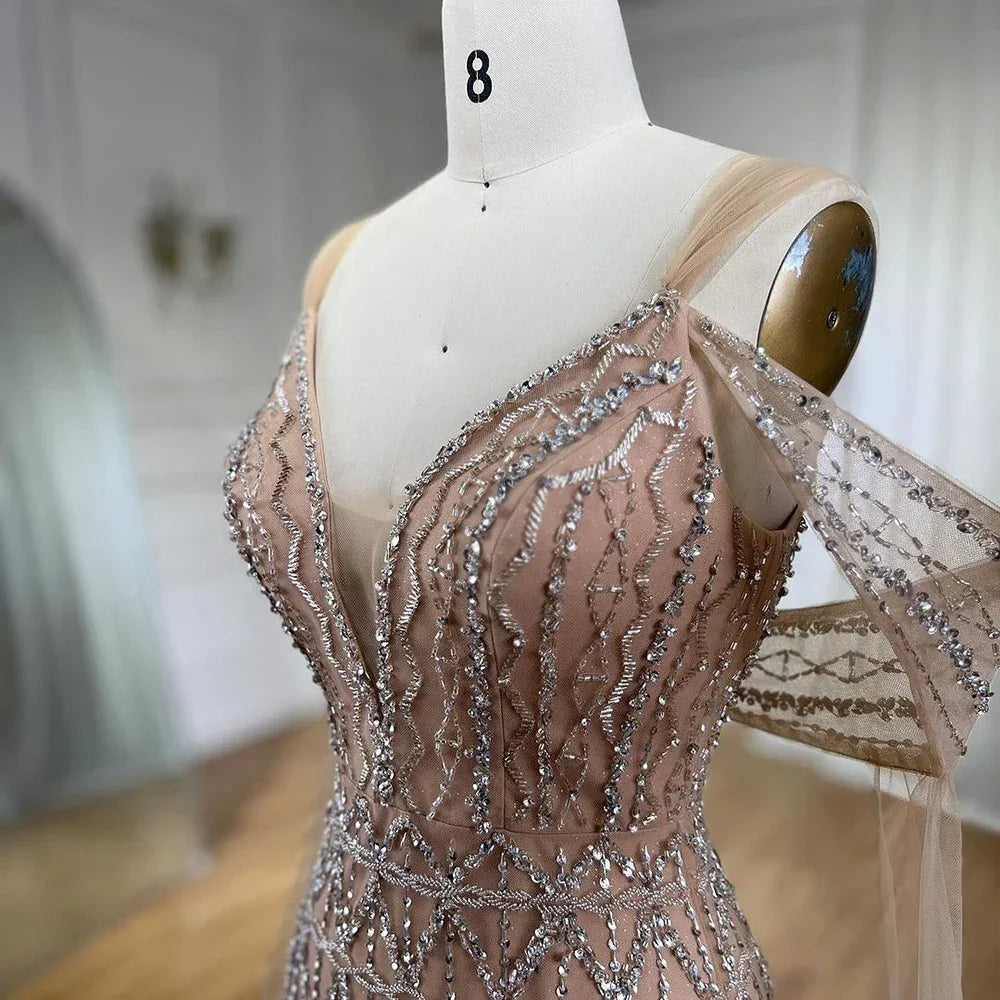 Zapdress Customized 2025 Nude A-Line Midi Ankle Lengt Prom Dresses Glitter Beaded Evening Party Gowns for Women (ZD17237)